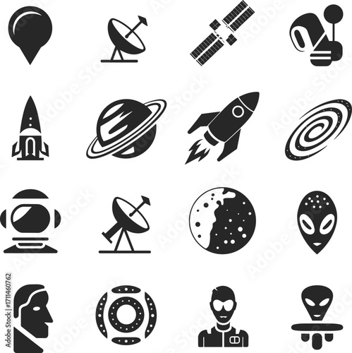 Space icons, astronaut, rocket, satellite, galaxy, alien, planet, moon, space station, flying saucer, helmet, crater, exploration symbol, science fiction