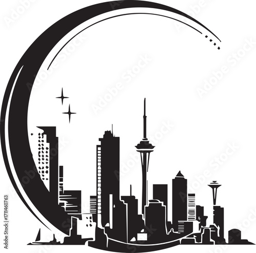 Urban Silhouette: A minimalist illustration of a city skyline, portraying a modern metropolis under the crescent moon, embodying the essence of urban life and nocturnal tranquility.