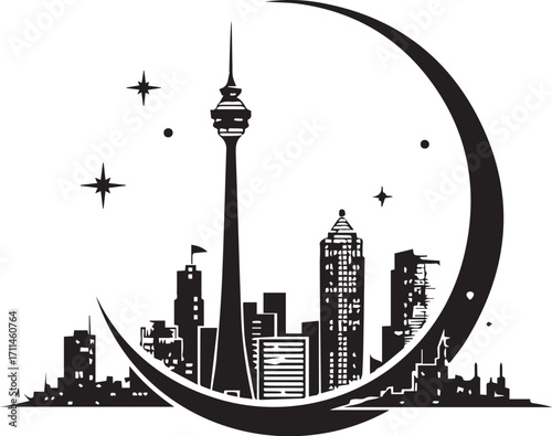 Night Skyline Silhouette: A monochrome cityscape under a crescent moon, portraying a modern urban panorama with tall structures and architectural highlights in a serene night scene.