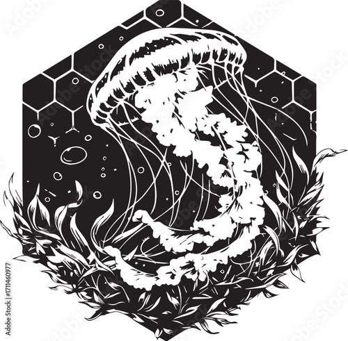 Jellyfish Illustration: An artistic monochrome depiction of a jellyfish gracefully navigating the ocean's depths, surrounded by aquatic life within a hexagonal frame.