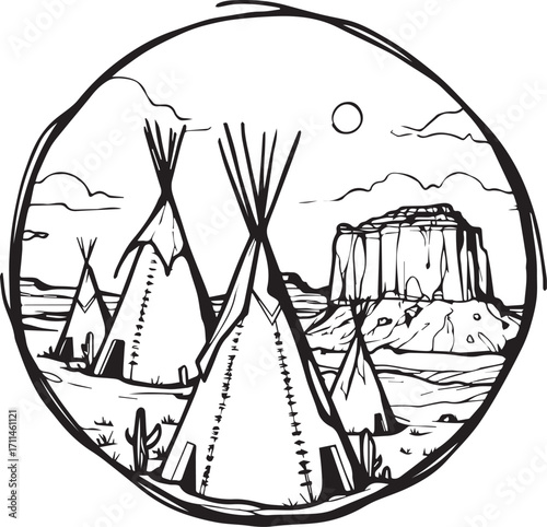 Indian Tipi Camp Illustration: A hand-drawn illustration captures the essence of indigenous culture, presenting a camp of tipis amidst the desert landscape, celebrating heritage.