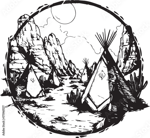 Native American Teepees in Desert: Artistic rendering of traditional native American teepees nestled in a scenic desert landscape, evoking a sense of history, culture.