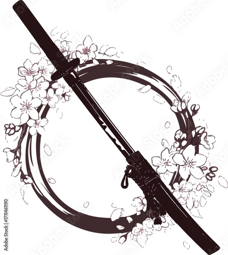 Elegant Katana and Cherry Blossoms: A striking katana is delicately framed by a wreath of blossoming cherry blossoms, embodying the essence of both martial artistry and the fleeting beauty of nature.