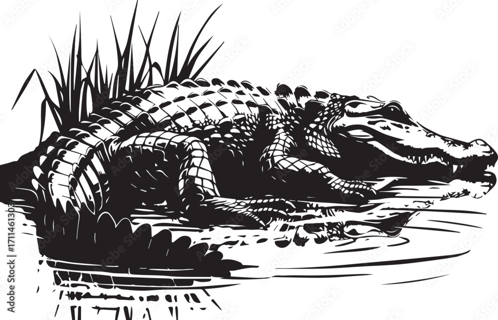Naklejka premium Alligator in Water: A meticulously crafted grayscale illustration showcases a powerful alligator basking in tranquil water, embodying a sense of ancient resilience and natural beauty.
