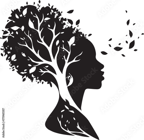 Soulful Silhouette: An artistic depiction of a woman whose hair transforms into a flourishing tree, leaves gently dancing around her, creating a visual metaphor of growth and interconnectedness.