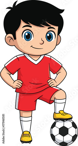 Cartoon boy in red soccer uniform, yellow cleats, confident pose with ball, smiling sports character, kids illustration, youth football concept