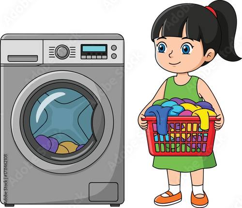 Cartoon child doing laundry with red basket, colorful clothes, front-loading washing machine, cheerful expression, kids illustration, household chore concept, white background