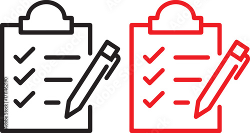 clipboard, pencil, icon, set, black, red, white background, checklist, to-do list, document, paper, writing, drawing, task, survey, form, checkmark, tick, list, symbol, graphic, design, illustration, 