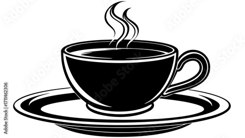 A black and white illustration of a steaming cup of coffee sitting on a saucer with a simple design created with generated ai
