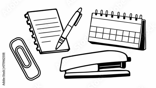 Illustration of office supplies including a calendar, notepad, pen, stapler, and paperclip created with generated ai