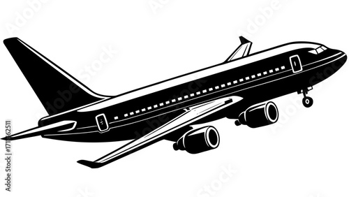 Illustration of a black and white airplane with detailed wings and engines in flight mode design vector created with generated ai