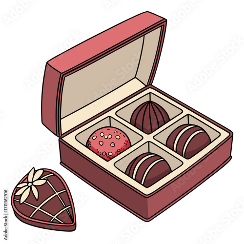 open velvet box revealing an assortment of detailed, glossy chocolates with different fillings