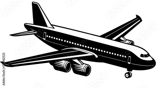 A black and white illustration of a passenger airplane in flight with detailed engine and window details created with generated ai