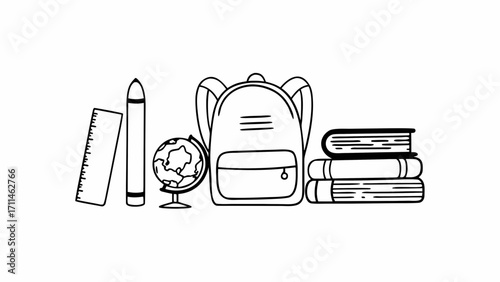 Illustration of school supplies including a ruler, pencil, globe, backpack, and stack of books in black and white created with generated ai
