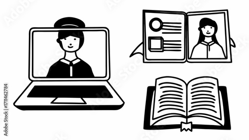 Illustration showing a person on a laptop screen, an open book and an open photo album display created with generated ai