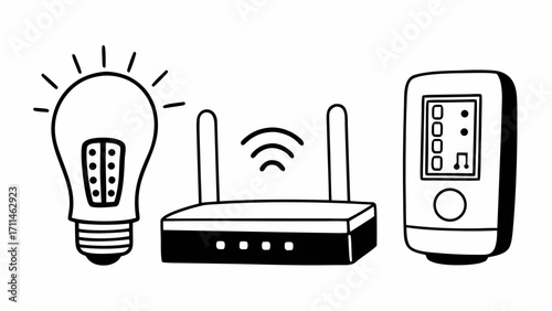 Illustration of a smart light bulb, router with wifi signal, and a smart home control panel device created with generated ai