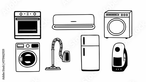 Illustration of various household appliances including oven, air conditioner and washing machines, fridge and vacuum created with generated ai