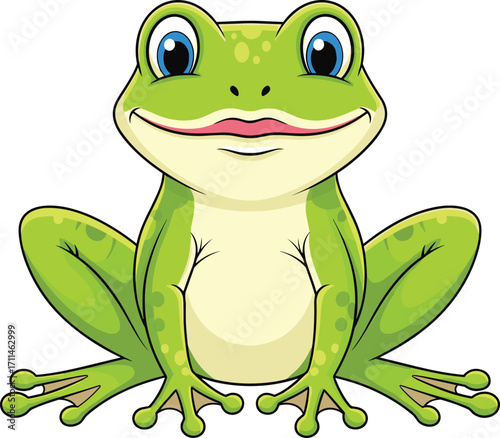 Cartoon frog sitting, green amphibian character, expressive eyes, cheerful smile, playful pose, isolated white background, vector illustration, children’s nature theme