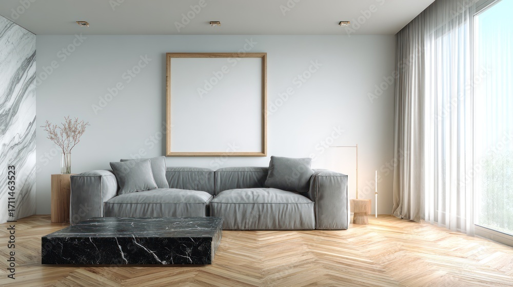Fototapeta premium Modern Gray Sofa in Bright Living Room with Natural Light and Wooden Floor