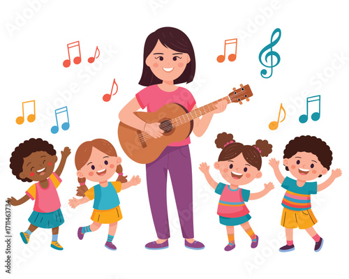 A cheerful music teacher plays guitar for a group of diverse and happy children dancing to the rhythm in a vibrant and playful scene