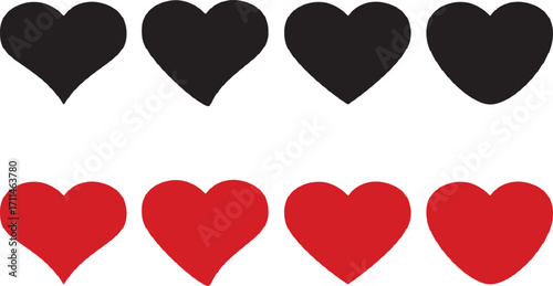 hearts, love, emotion, symbol, icon, black, red, white background, set, collection, romantic, passion, affection, relationship, friendship, health, cardiology, valentine, shape, graphic, design, eleme