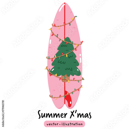 Christmas Summer Surfboard Decor Festive Winter Illustration Vector