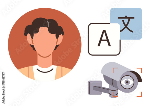 Persons profile, language translation icons, and security camera symbolizing identity recognition, multilingual integration, and monitoring. Ideal for AI, security, tech, translation privacy