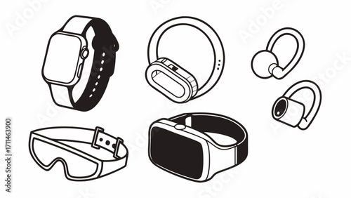 Illustration of wearable technology devices including a smartwatch, ring, earbuds, vr headset and glasses created with generated ai