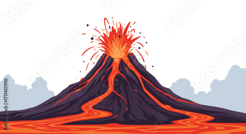 Volcano erupting with lava flowing down its slopes and smoke billowing into the sky.