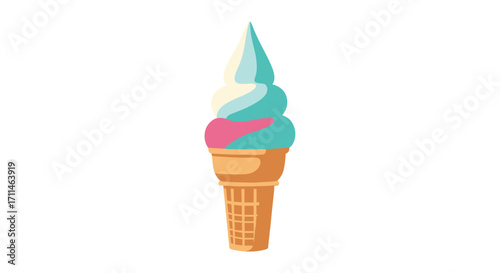 A swirled cone of colorful ice cream treat on a white background.