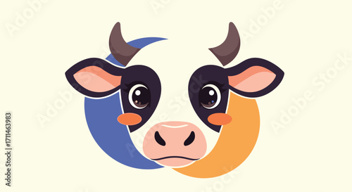 Cute cartoon cow face with crescent moon shapes behind its head.