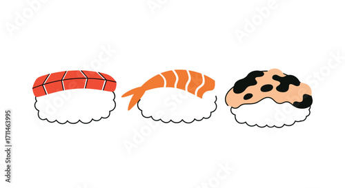 A delicious close up of three pieces of nigiri sushi.