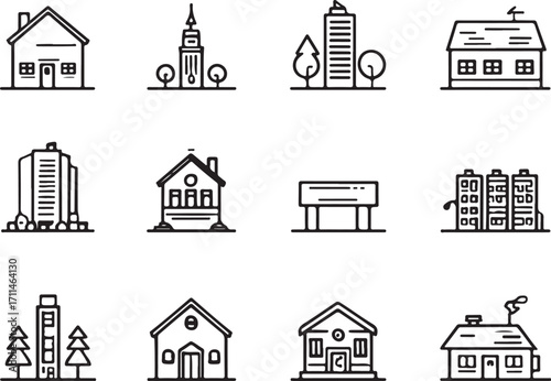 Modern building icons for urban development and real estate
