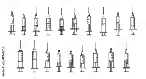 A collection of medical syringes of various sizes and designs in a grid.