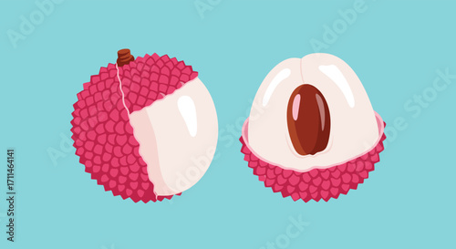 Whole and cut lychee fruit on a light blue background.