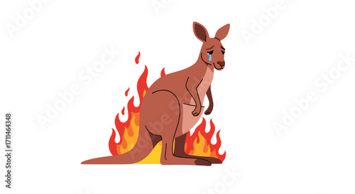 A sad kangaroo surrounded by flames in an emergency situation.