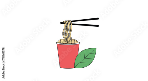 Noodles in a red cup being eaten with chopsticks and a leaf nearby.