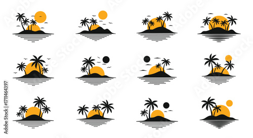 Illustrations of tropical islands with palm trees and sunsets.