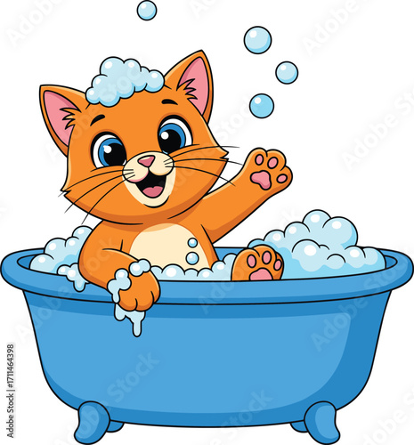 Cartoon orange cat taking bath in blue tub, soap bubbles, smiling pet character, hygiene concept, cheerful illustration, kids content, white background