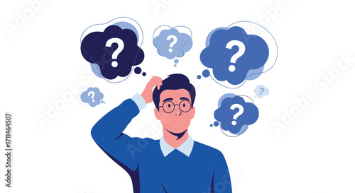 Confused man thinking hard with many question marks over his head.