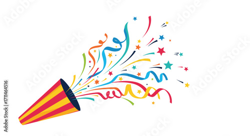 Celebration party popper exploding with colorful confetti and streamers for festive occasions.