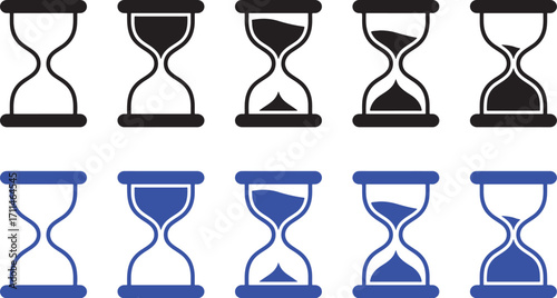 hourglass, time, sand timer, countdown, progress, measurement, clock, antique, vintage, symbol, icon, set, collection, black, blue, empty, full, half full, partial, elapsed, remaining, duration, timer