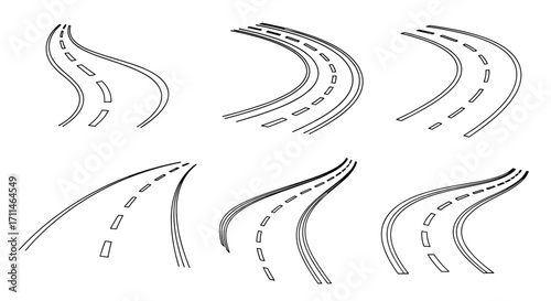 Set of winding road illustrations with dotted lines.