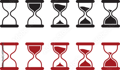 hourglass, time, sand timer, countdown, progress, measurement, clock, antique, vintage, symbol, icon, set, collection, black, red, empty, full, half full, partial, elapsed, remaining, duration, timer,
