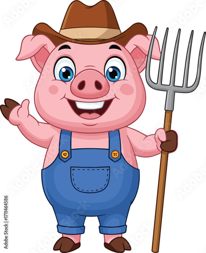Cartoon pig farmer, smiling character, cowboy hat, pitchfork in hand, farm outfit, isolated white background, playful vector illustration, children’s agriculture theme