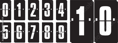 flip clock, numbers, digits, 0, 1, 2, 3, 4, 5, 6, 7, 8, 9, clock, display, retro, vintage, counter, scoreboard, digital, black, white, white background, set, collection, graphic, design, element, typo
