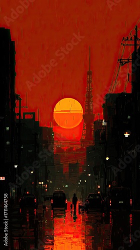 City sunset, vibrant red, silhouette