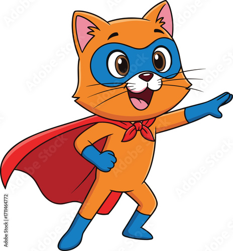Cartoon superhero cat with red cape, blue mask and gloves, cheerful expression, action pose, kids character illustration, playful animal hero concept