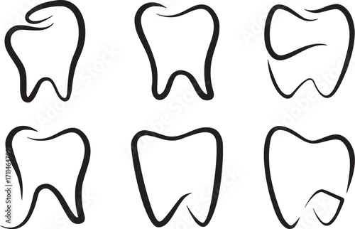 tooth, teeth, dental, dentistry, icon, symbol, outline, drawing, sketch, black and white, health, hygiene, medical, care, mouth, smile, clean, graphic, design, illustration, set, collection, variation