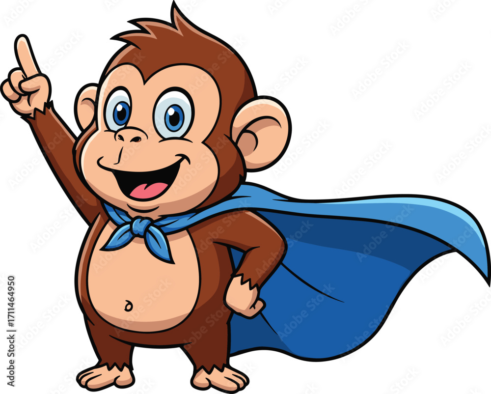 Fototapeta premium Cartoon superhero monkey with blue cape, smiling expression, pointing upward, brown fur, kids character illustration, playful animal hero concept, white background